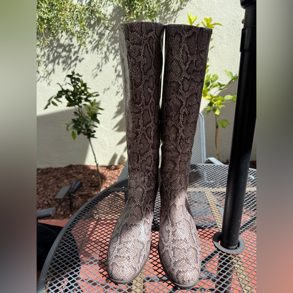 Born Snakeskin Print Genuine Leather Heeled Boots - Brown